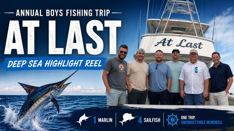 Annual boys fishing trip poster showing six men on the At Last charter boat with a marlin jumping in the water
