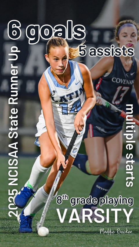Young field hockey player in white uniform dribbling ball with statistics overlay showing 6 goals, 5 assists, multiple starts