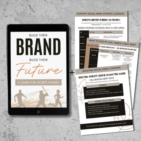 Digital guide titled Build Their Brand Build Their Future displayed on tablet next to sample social media calendar and posting strategy worksheets for sports families