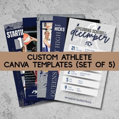 Set of 5 custom athlete Canva templates in navy and white colors featuring sports photography and design layouts