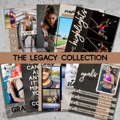 Collage of fitness workout photos and motivational quotes labeled The Legacy Collection featuring exercises and personal goals