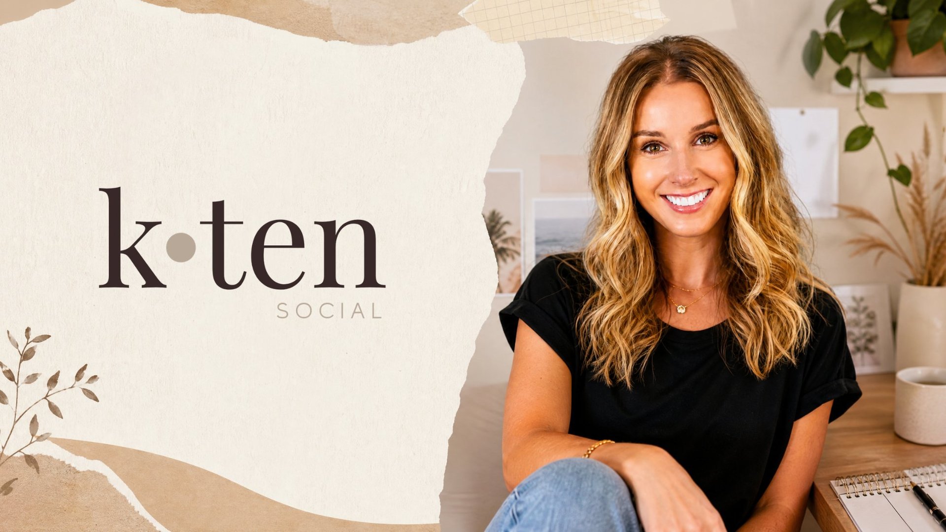 Woman in black shirt and jeans smiling at camera with k.ten social logo and plant decor in background