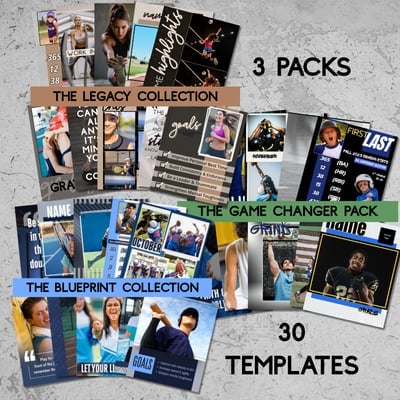 Graphic design template collection showing 3 packs with 30 templates: The Legacy Collection, The Game Changer Pack, and The Blueprint Collection featuring photo layouts and overlays
