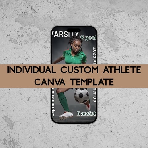 Phone mockup displaying Individual Custom Athlete Canva Template with female soccer player in green uniform