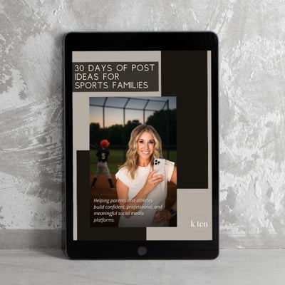 Digital tablet displaying 30 Days of Post Ideas for Sports Families ebook cover with a woman in a baseball setting