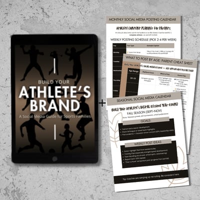 Digital bundle showing athlete brand building guide ebook on tablet next to printed social media calendar pages
