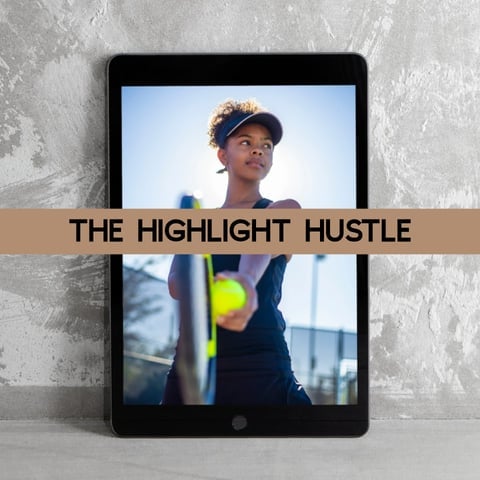 Tablet displaying The Highlight Hustle with image of person in athletic wear holding sports equipment outdoors