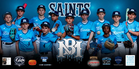 Baseball team Saints in blue uniforms posing for group photo with logos at bottom