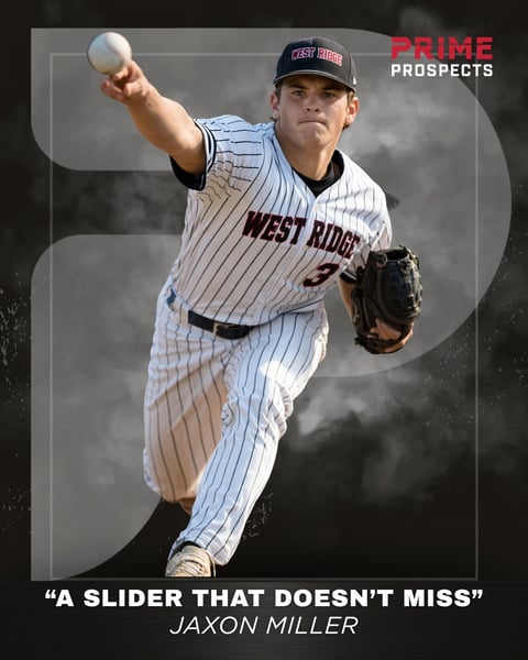 Baseball player Jaxon Miller in West Ridge pinstripe uniform pitching with glove, labeled as Prime Prospects