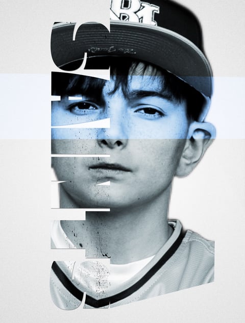 Glitched black and white portrait of a young person wearing a baseball cap with horizontal distortion effect overlay