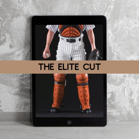 iPad displaying baseball player in uniform and red leg guards with THE ELITE CUT text banner overlay
